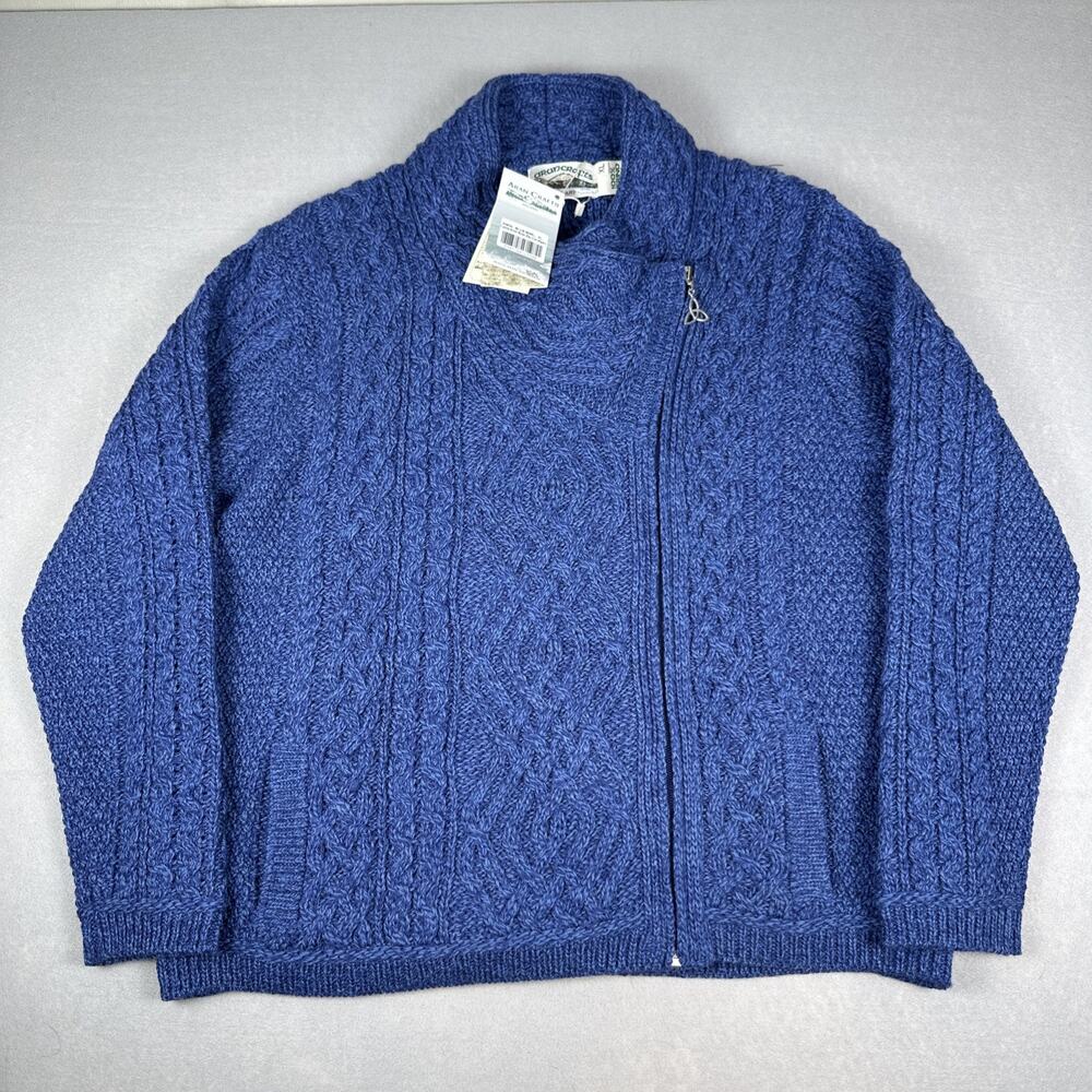 NWT Aran Crafts Cable Knit Side Zip Cardigan 100% Merino Wool XL Blue